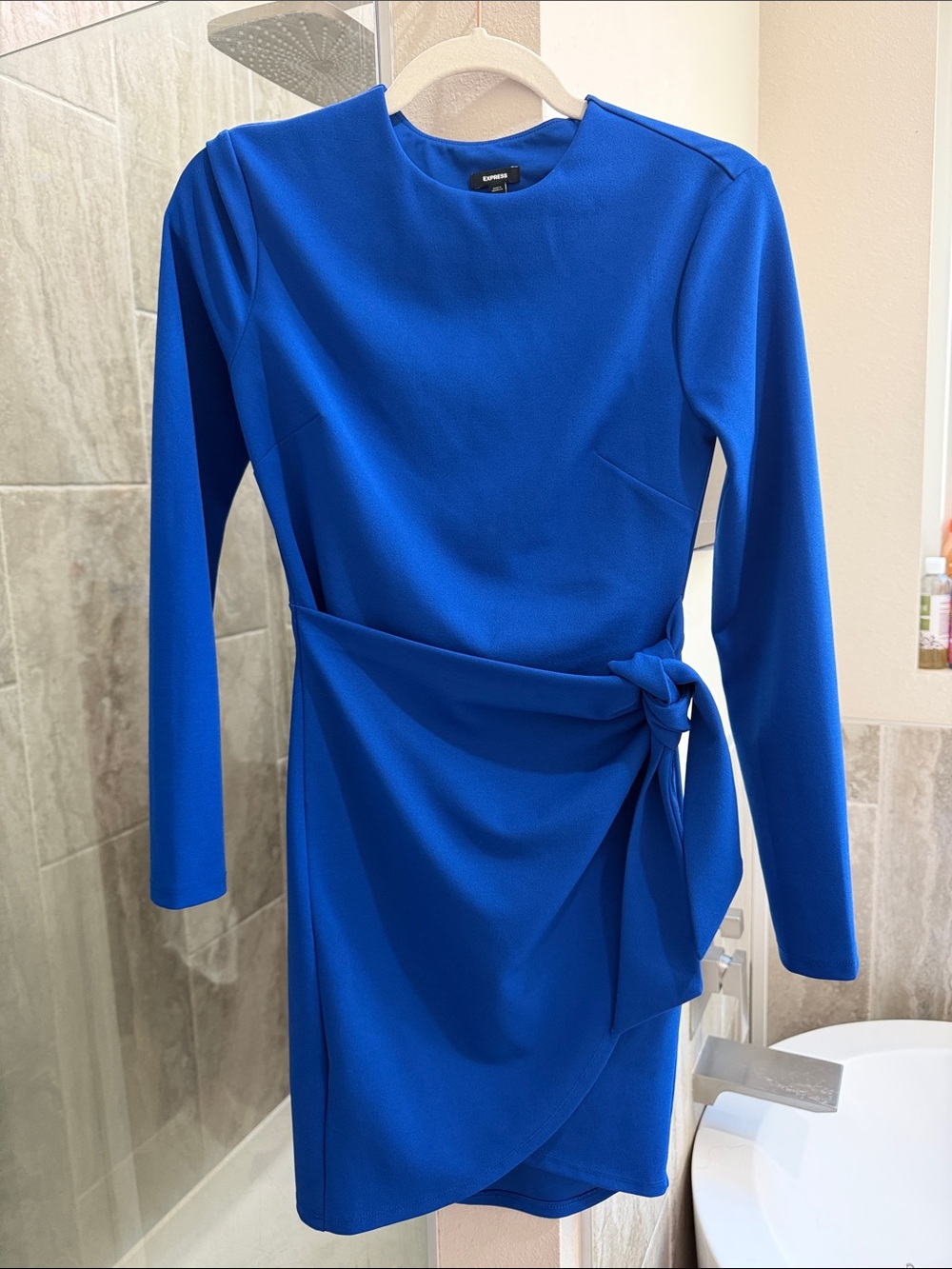 Express Cobalt Blue Long-Sleeve Wrap-Accent Dress